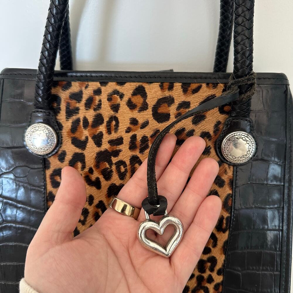 RARE! Brighton Vintage Leopard Calf Hair / Black Croc Leather Top Handle Bag VTG - Picture 3 of 7